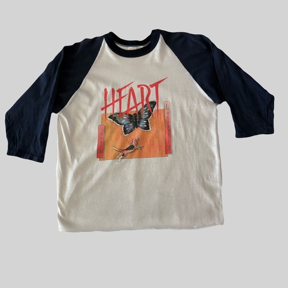 Vintage Tops - VTG 1978 HEART Dog & Butterfly Tour Raglan T size Large Cropped Raw Hem 70s